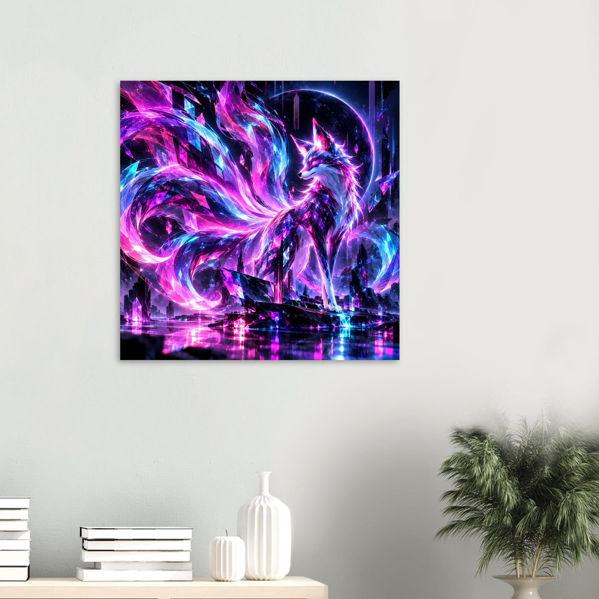 Neon-Fuchs Fantasy-Poster im Quadratformat, farbige Lichtschleifen und Flammenmähne