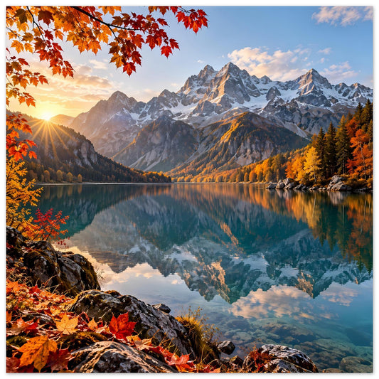 Vertikales Poster mit Alpenpanorama, spiegelndem See und roten Blättern am oberen Rand