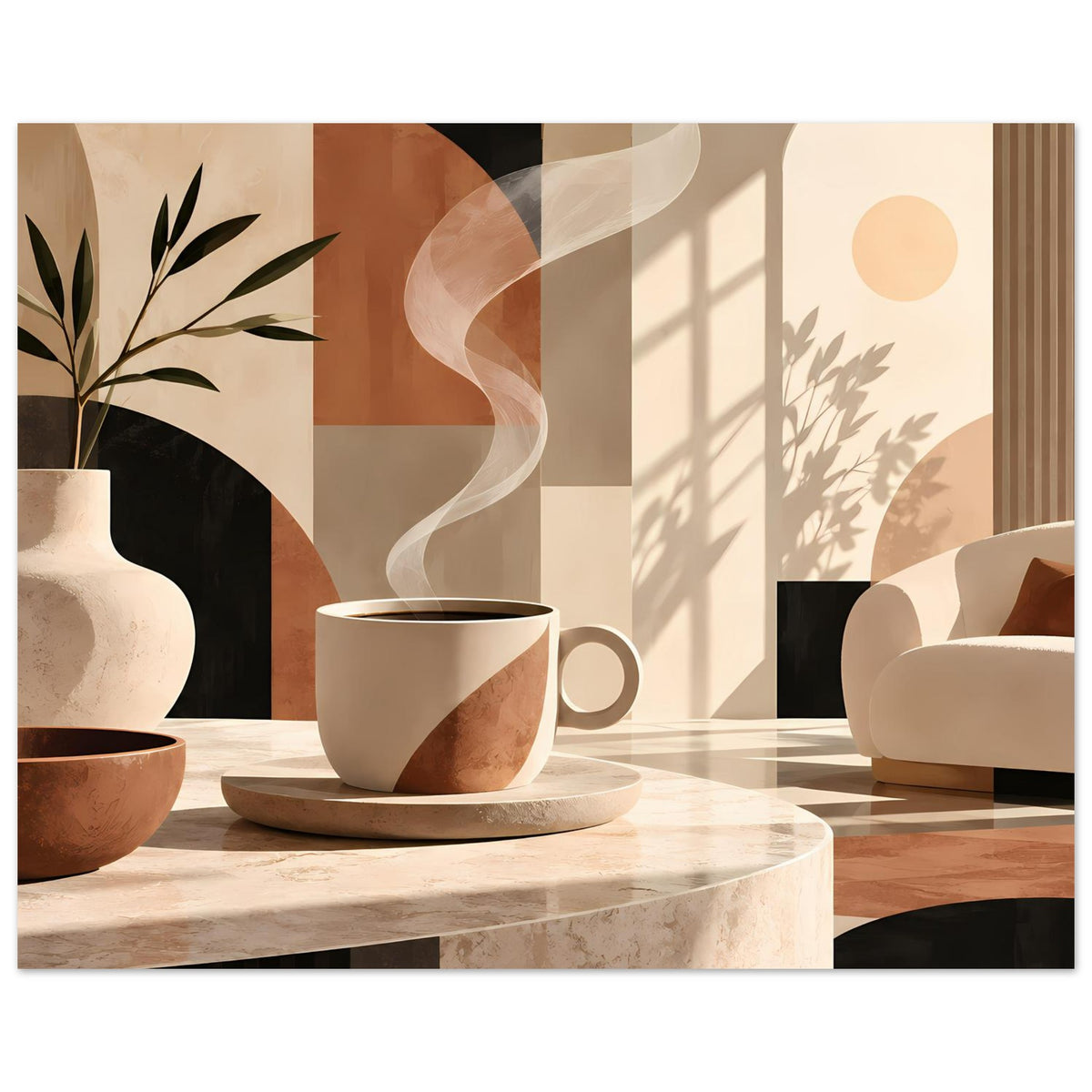 Poster mit warmen Farben: Tasse auf hellem Marmortisch, Pflanzenvase, abstrakte Licht-Formen
