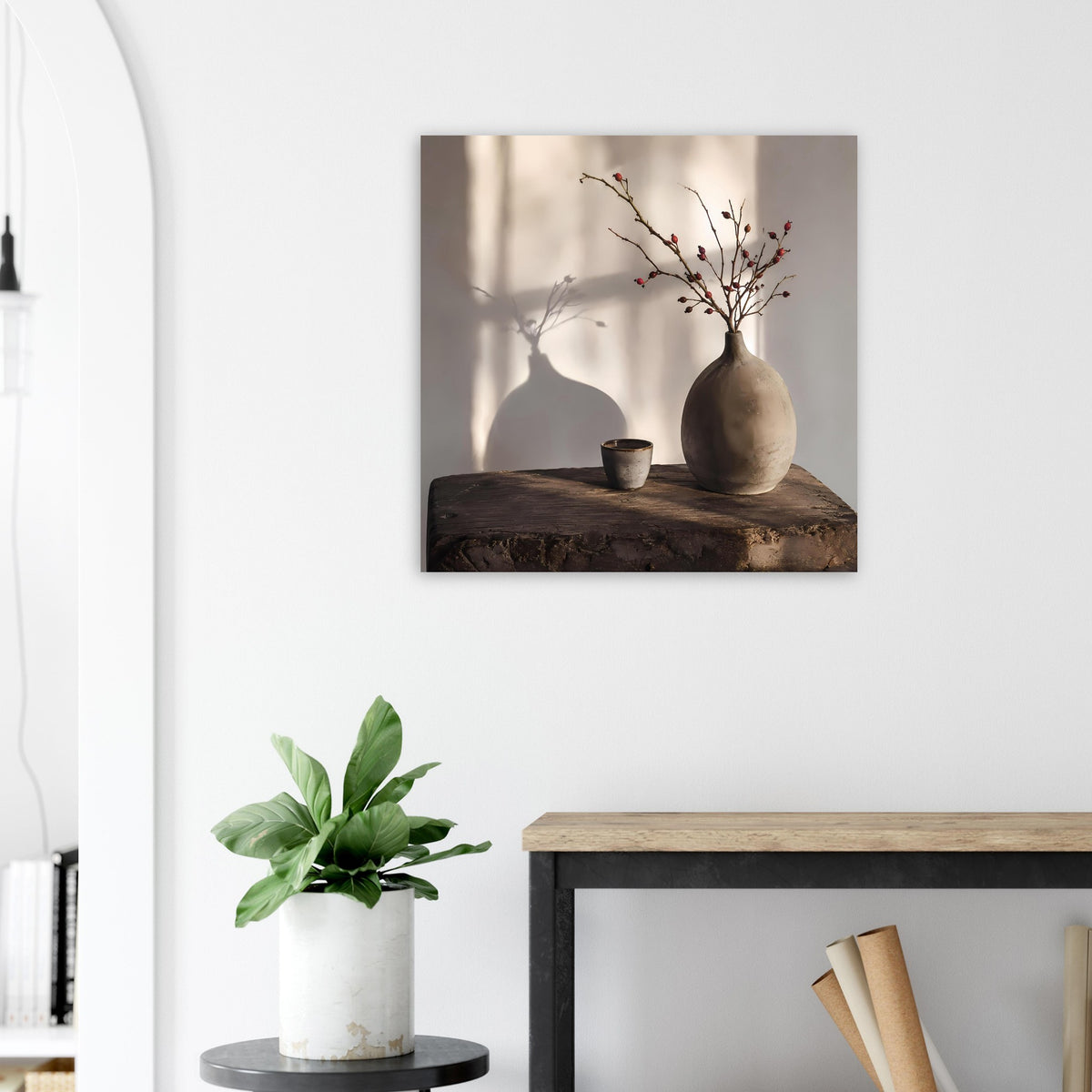 Still-Life-Poster mit zwei Vasen, Schale und Zweig auf dunkler Tischplatte