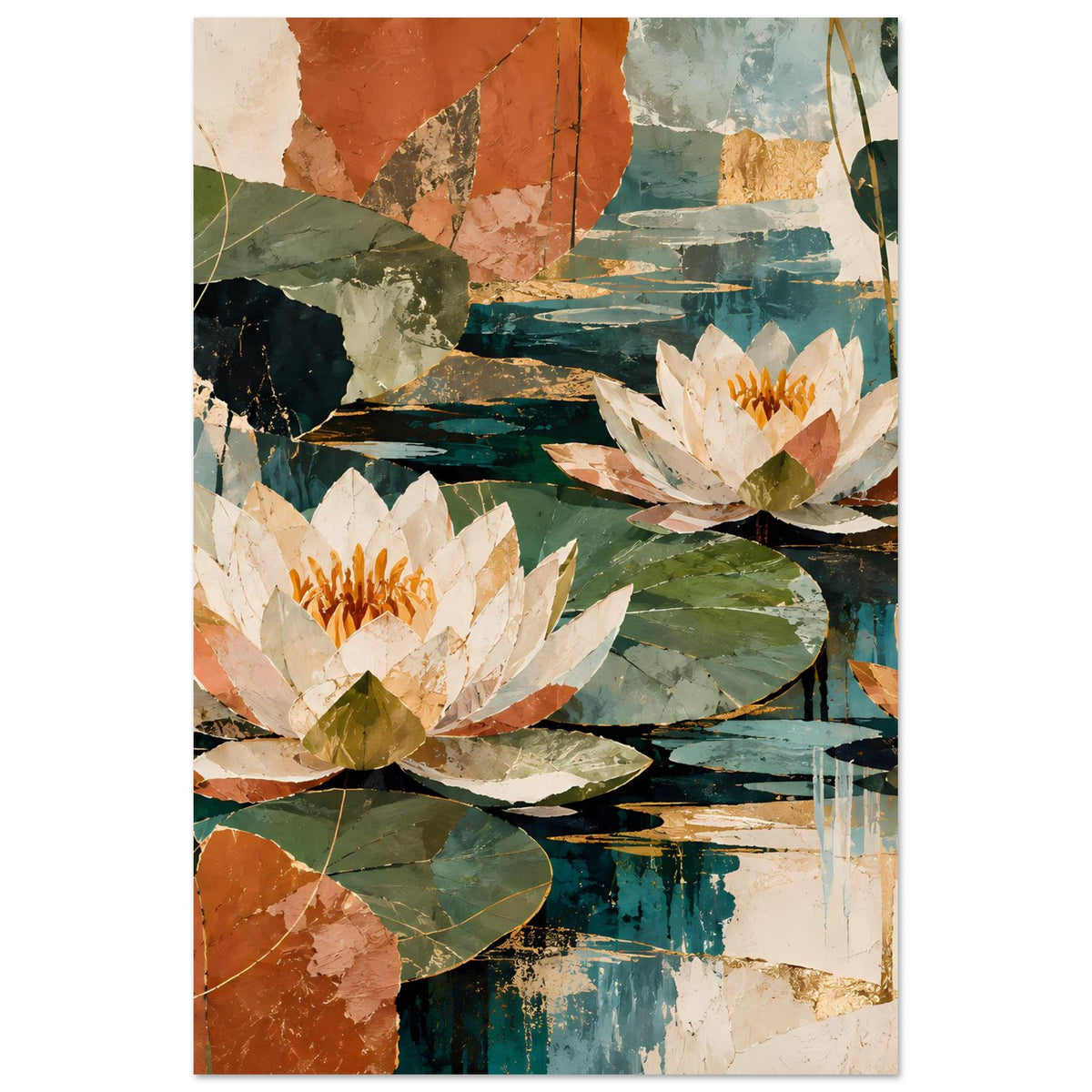 Botanisches Poster mit weißen Seerosenblüten, grünen Blättern und abstraktem Wasserhintergrund.