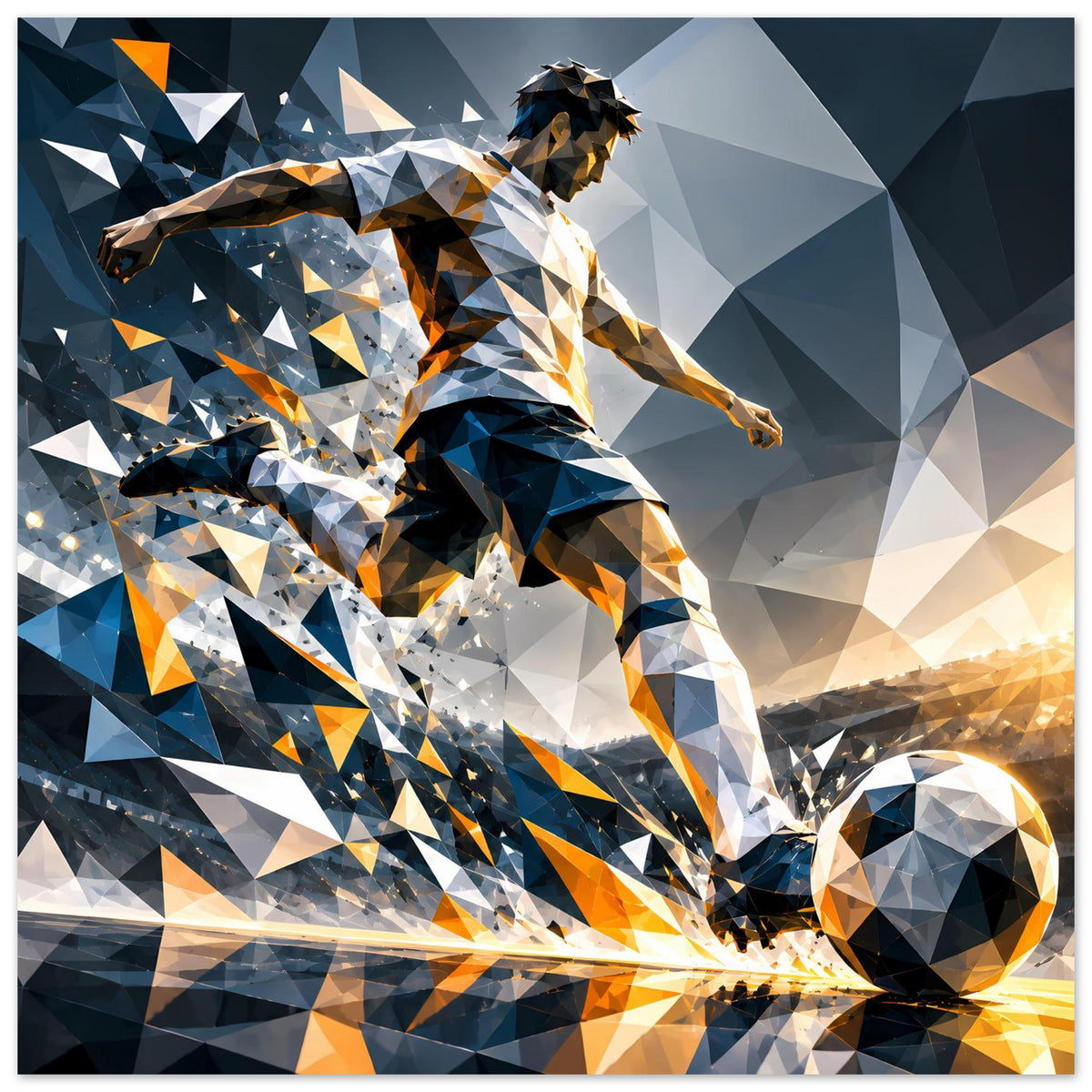 Fußballposter im Querformat: Spieler mit Ball im Vordergrund, Blau-Orange-Polygonmuster.