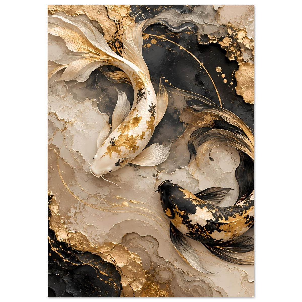 Kunstposter im Hochformat mit gold-weißen Flossen und schwarzen Koi auf Steinoptik