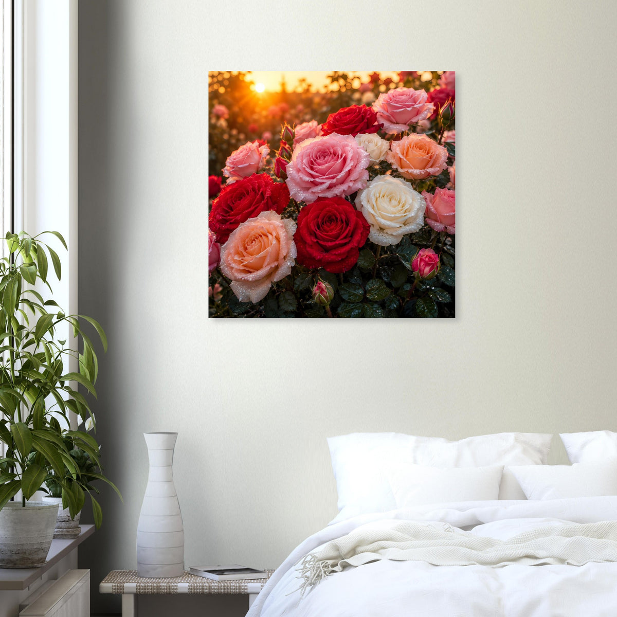 Quadratisches Rosenposter mit Detailansicht: rosafarbene, rote und cremefarbene Blüten im schwarzen Rahmen.