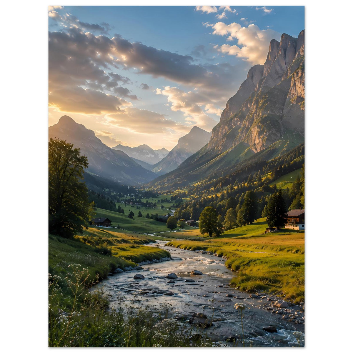 Vertikales Poster mit Alpenlandschaft, Fluss im Sonnenuntergang, Berge und Wiesen.