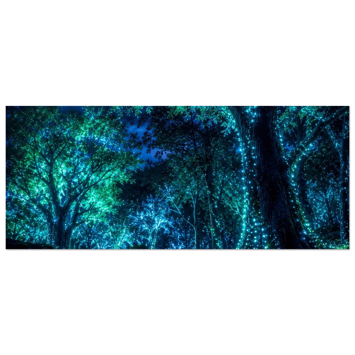 Horizontales Poster, Panorama-Ausschnitt: leuchtende Baumkronen und blau-grünes Licht