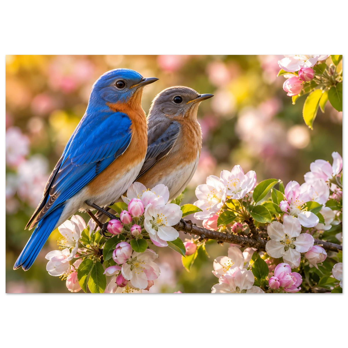 Vogelposter mit zwei blau-braunen Vögeln auf einem blühenden Zweig mit rosa und weißen Blüten