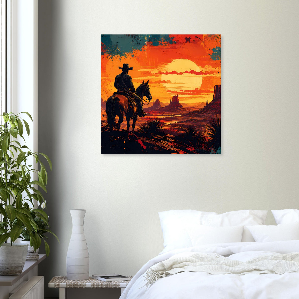 Quadratisches Western-Cowboy-Poster mit Reiter und Pferd, großer Abendsonne im orangefarbenen Himmel