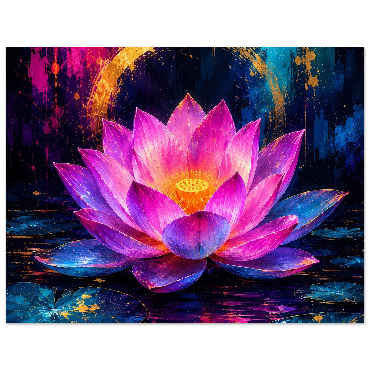 Horizontales Blumenposter mit Lotusblüte in Rosa und Violett und goldenem Lichtbogen