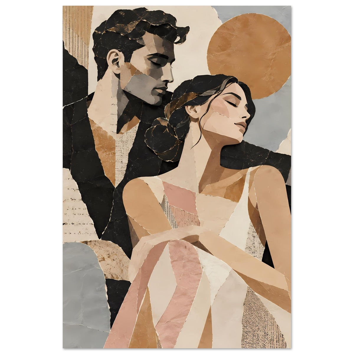 Kunstposter im Hochformat: abstraktes Paar mit rundem Ocker-Element, schwarze Figuren und Cremeflächen