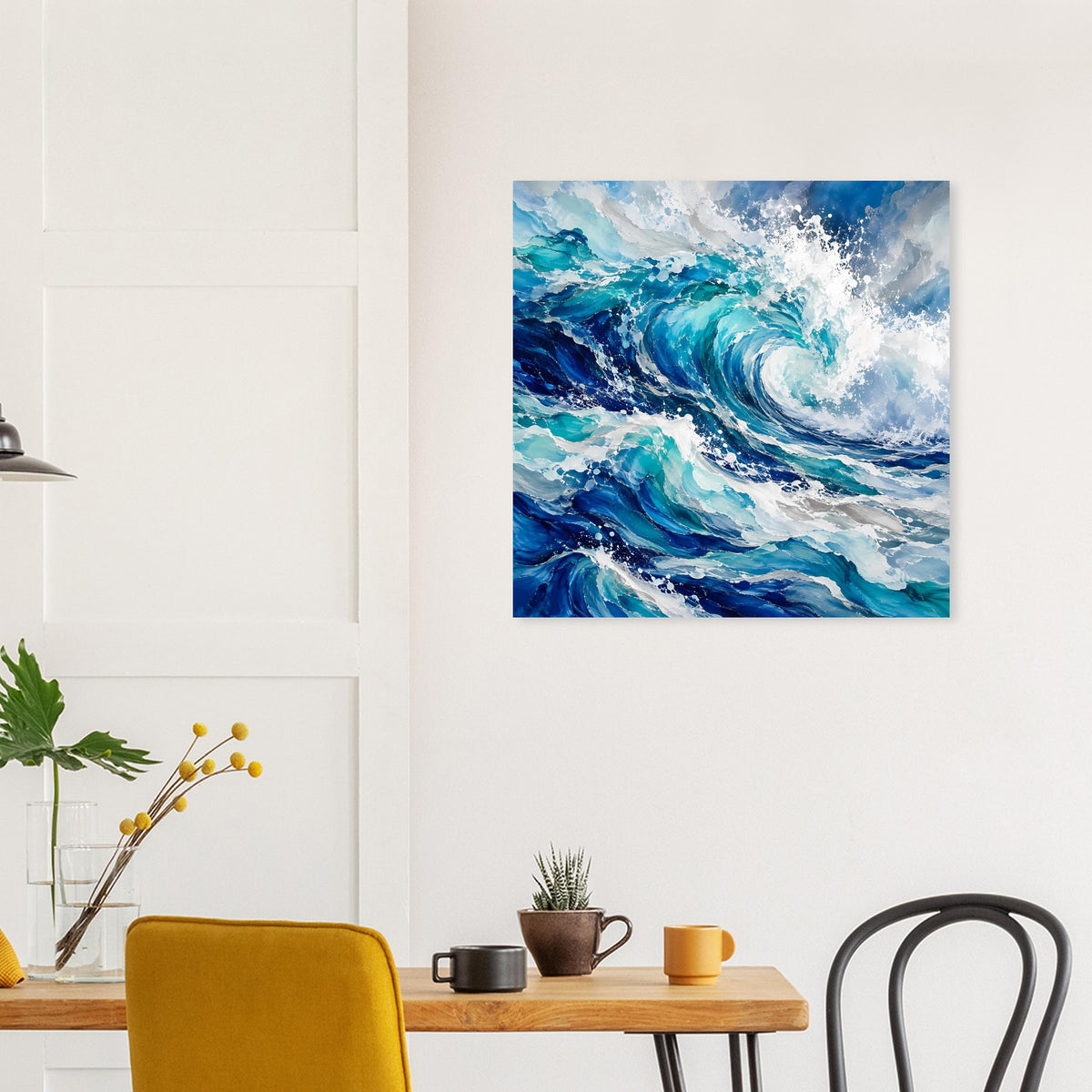 Kleines Kunstposter mit abstrakten Meereswellen in Blau, Türkis und Weiß