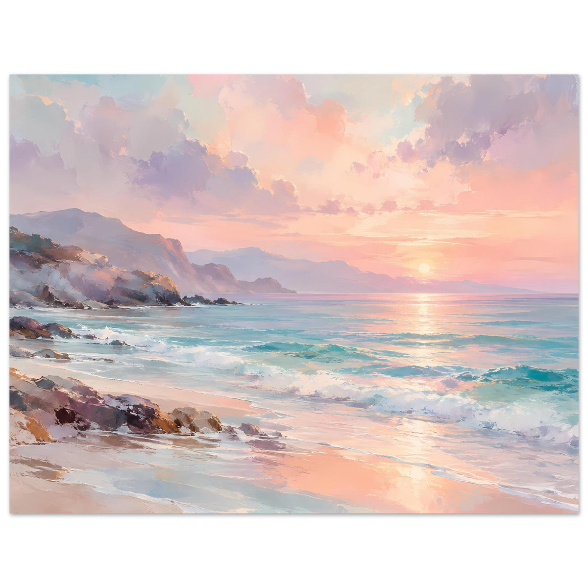 Poster mit Strand und Sonnenuntergang über dem Meer, pastellfarben, vertikal