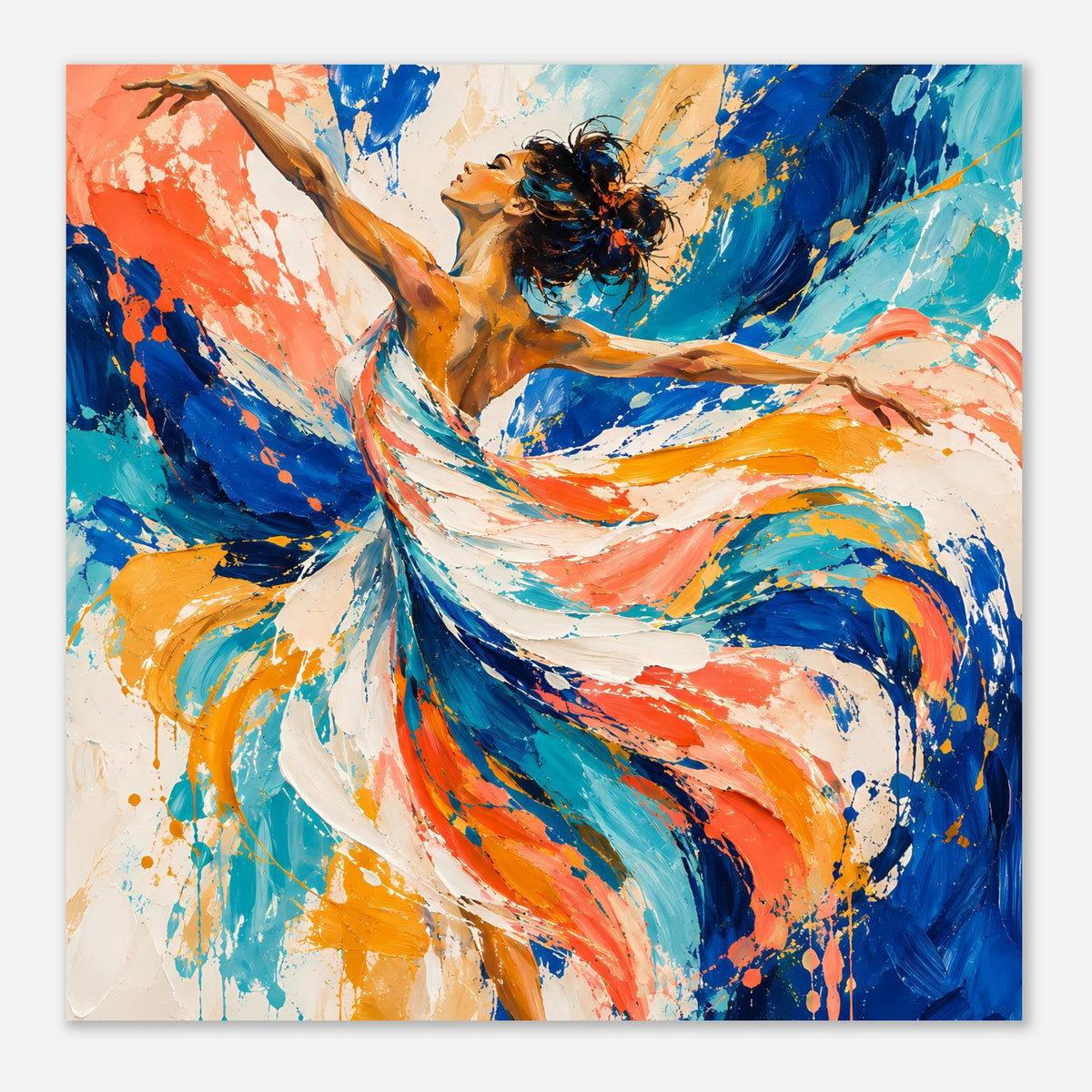 Kunstdruck-Poster Querformat: abstrakte Tänzerin, Farbverläufe in Blau, Orange und Weiß.