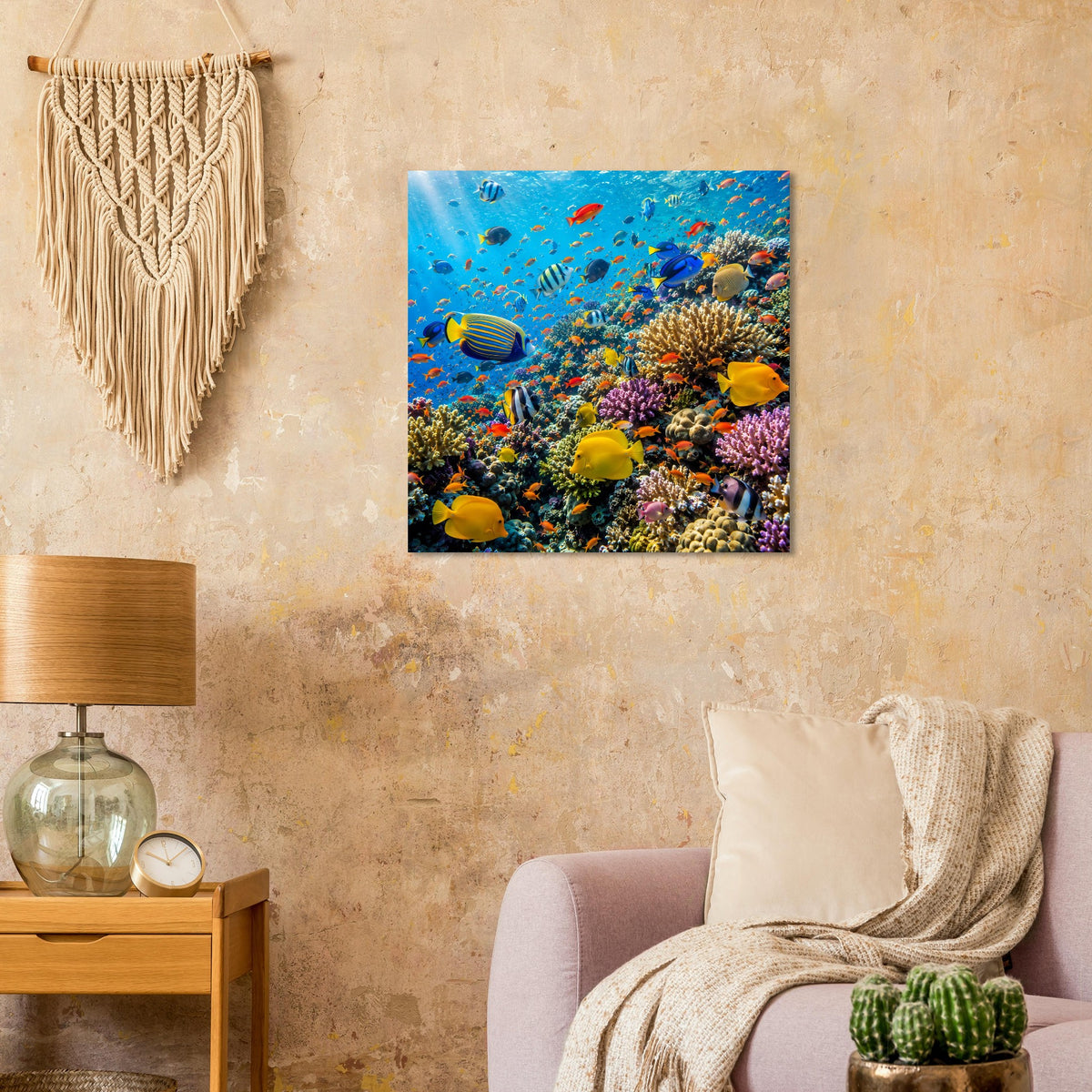 Korallenriff-Poster mit bunten tropischen Fischen über Korallenriff, quadratisch