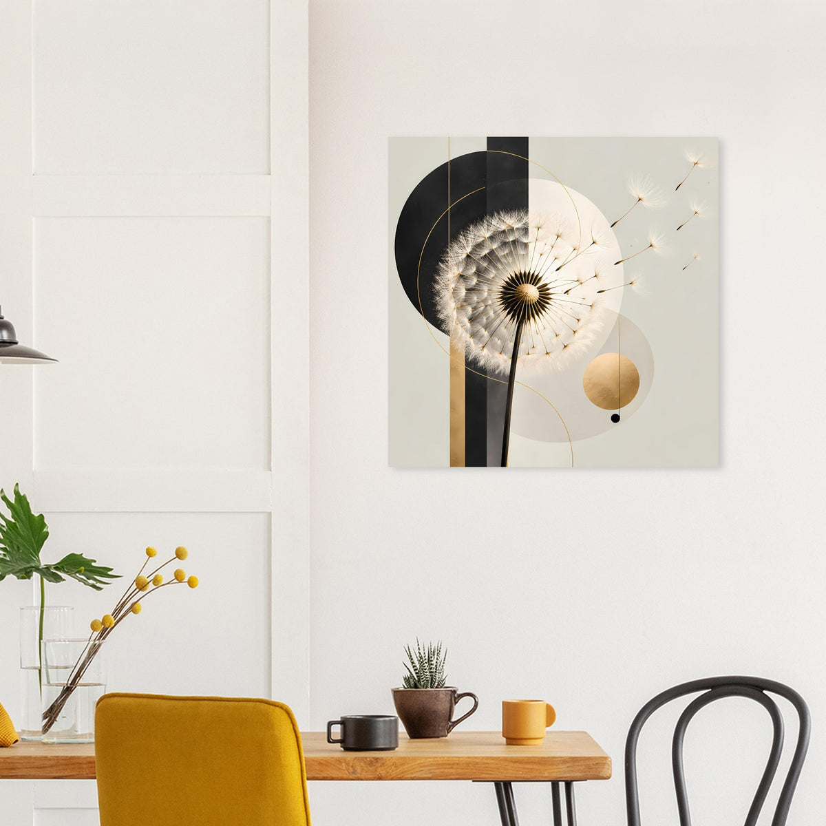 Gerahmtes Poster mit Pusteblume-Motiv und goldenen Akzentpunkten