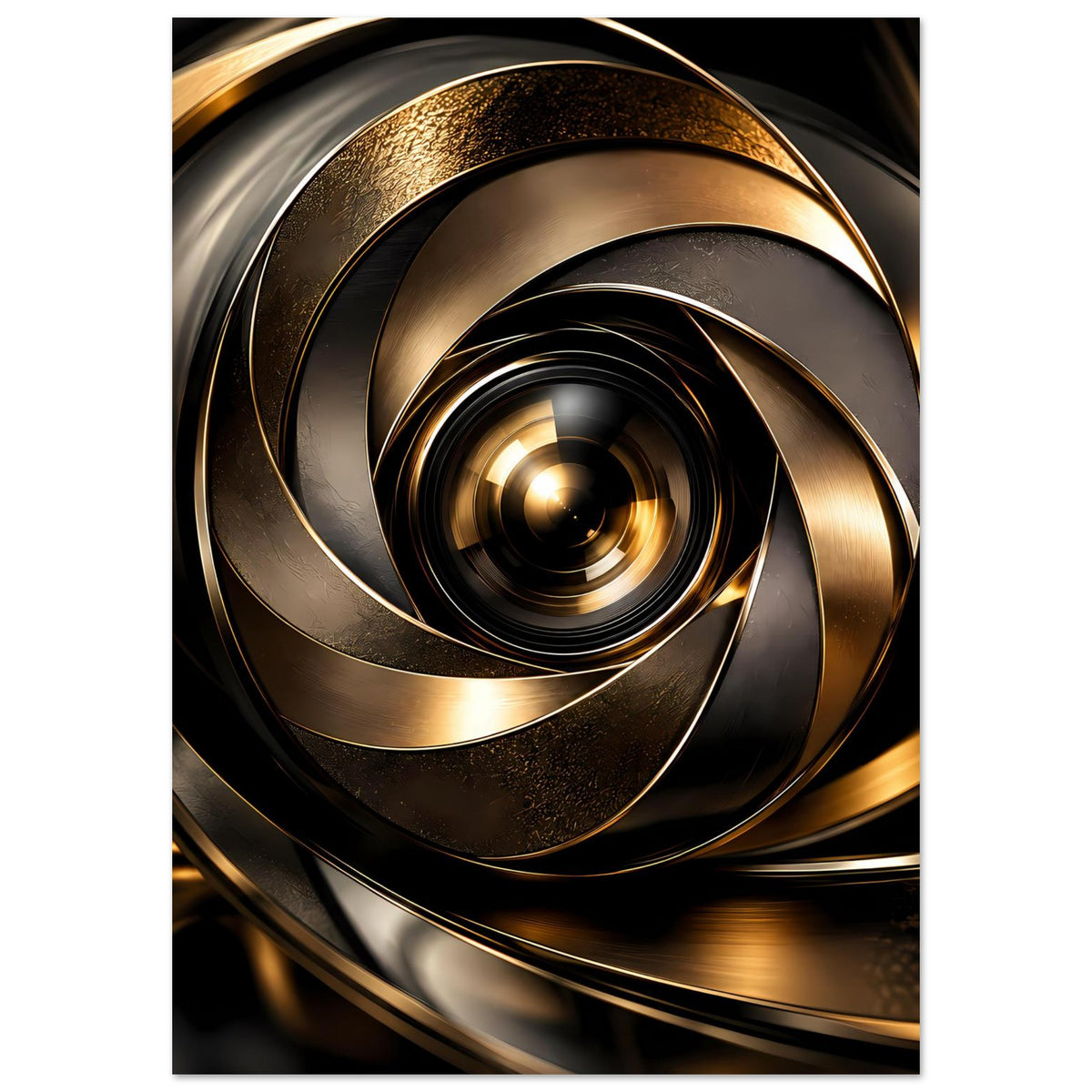 Abstraktes Poster, Fokus auf Spiralwindungen mit goldenen Akzenten und schwarzen Ringen
