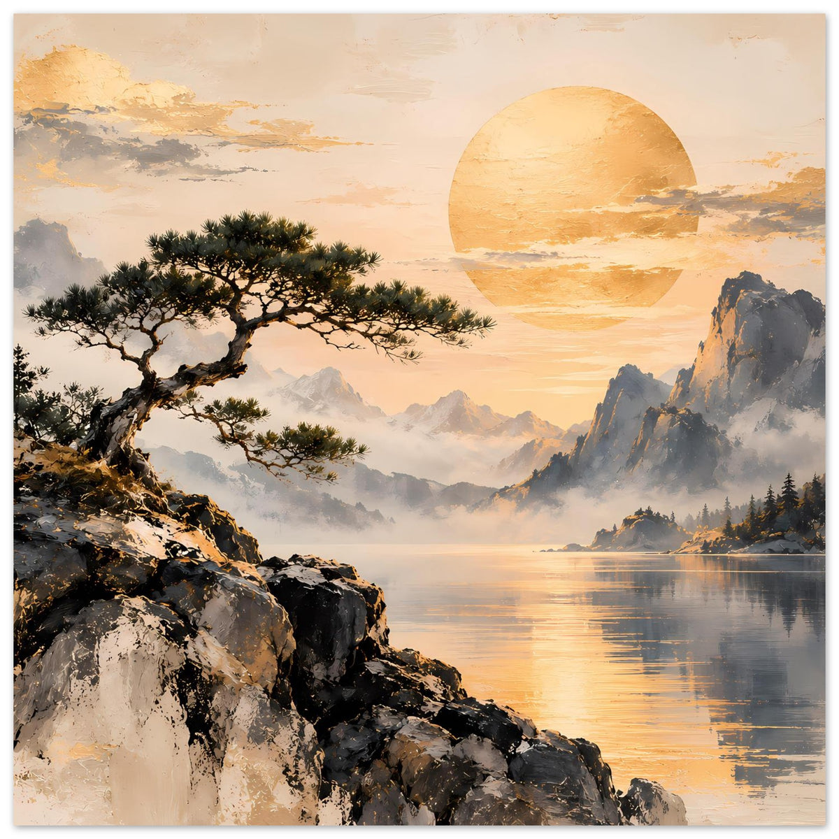 Landschaftsposter: Baum auf Felsvorsprung, Berge und See mit goldenem Licht