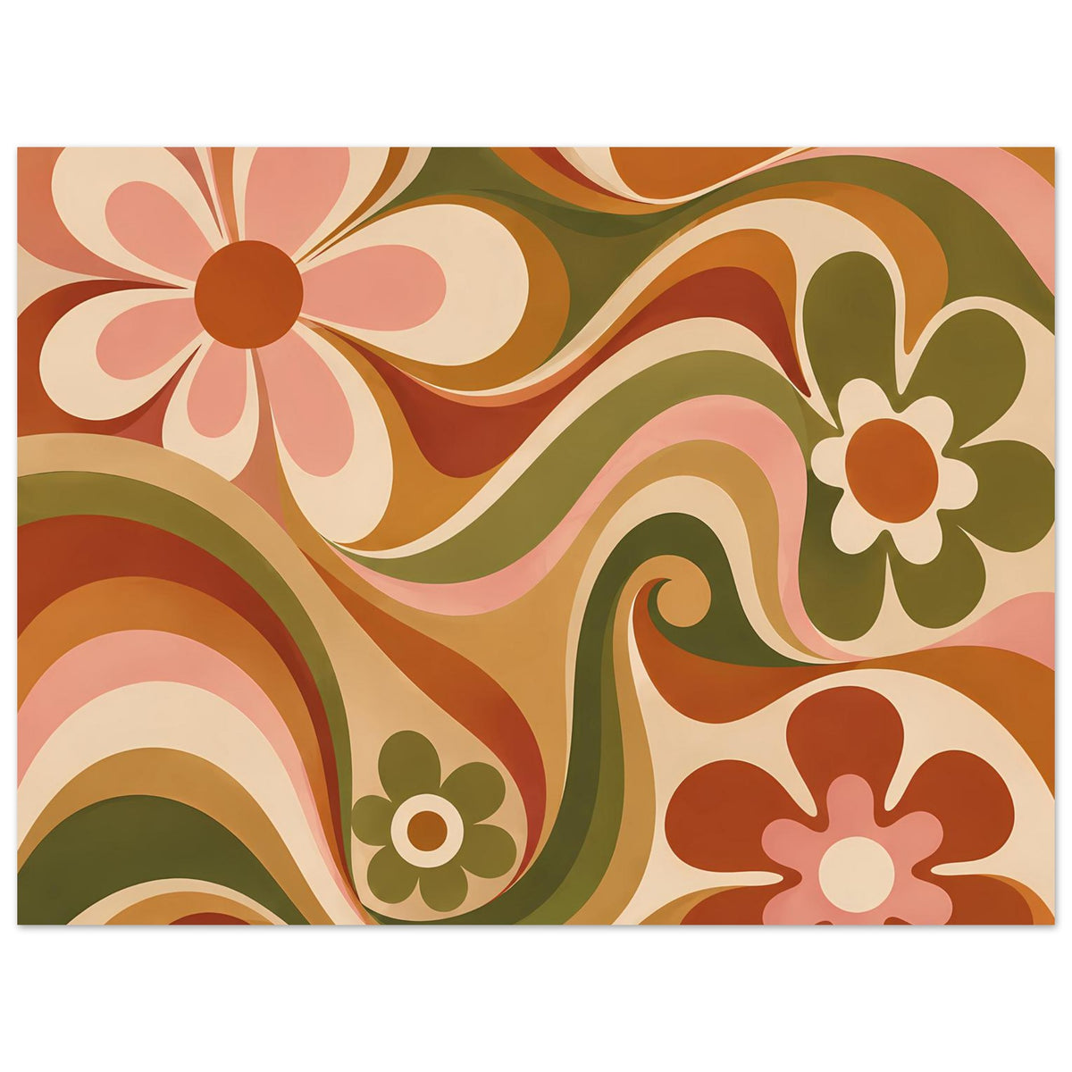 Großflächiges Poster mit Blumenwirbeln in Olivgrün und Orange, rechteckig, gerahmt.