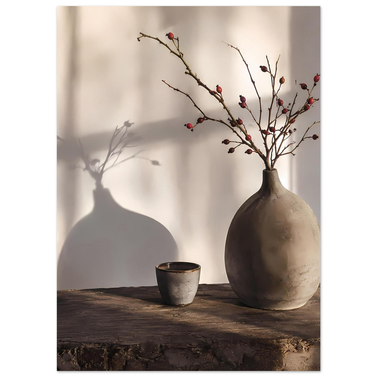 Still-Life-Poster: Keramikvase mit Beerenzweigen, Becher auf rustikalem Holztisch