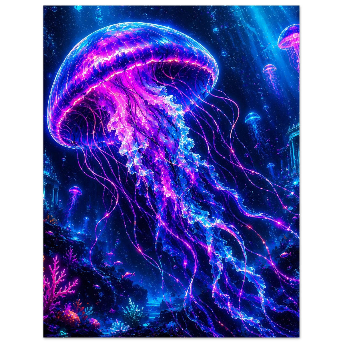 Leuchtende Qualle mit lila/blauem Schimmer und feinen Lichtfäden entlang der Tentakel