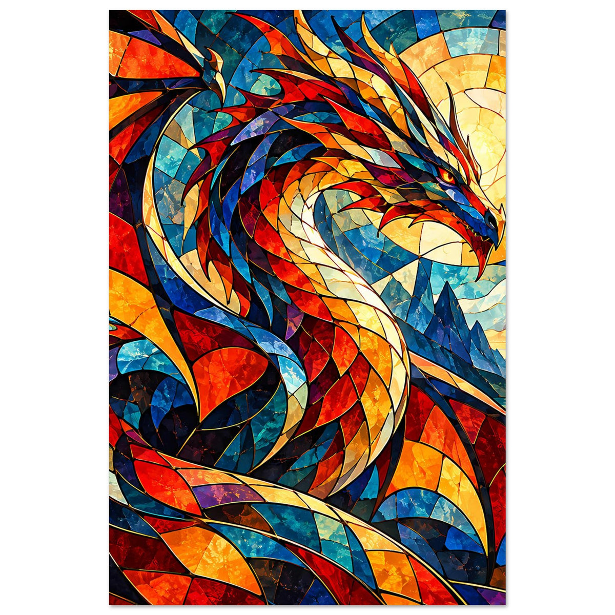 Drachen-Glasmalerei Poster mit buntem Mosaikdrache und Flügeln, im Hochformat