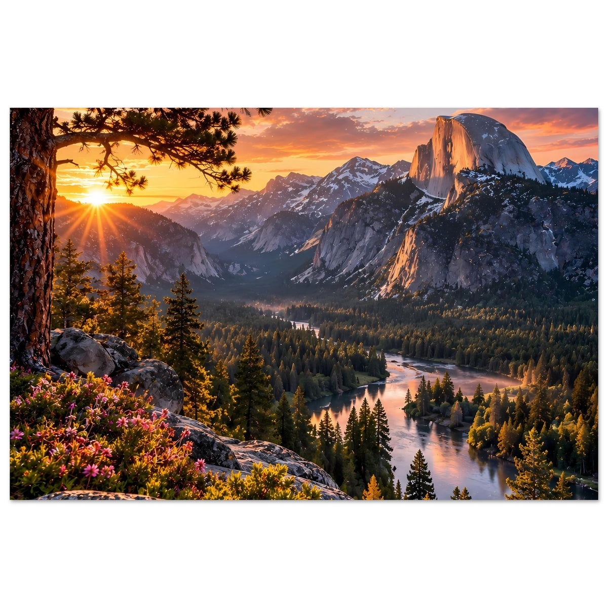 Poster im Querformat mit Sonnenaufgang über Bergmassiv, Fluss im Tal und Nadelbäumen