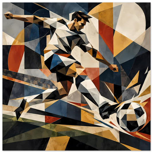 Abstraktes Fußballspieler-Poster, geometrische Polygongrafik in Blau, Gelb und Rot, inkl. Ball