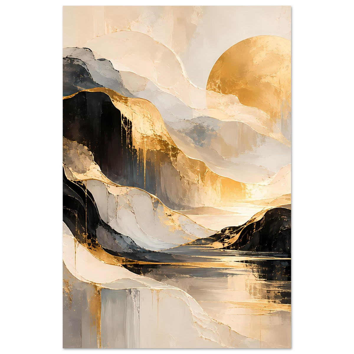 Kunstposter mit abstrakter Gold-und-Schwarz-Felslandschaft, Creme, vertikal im Rahmen