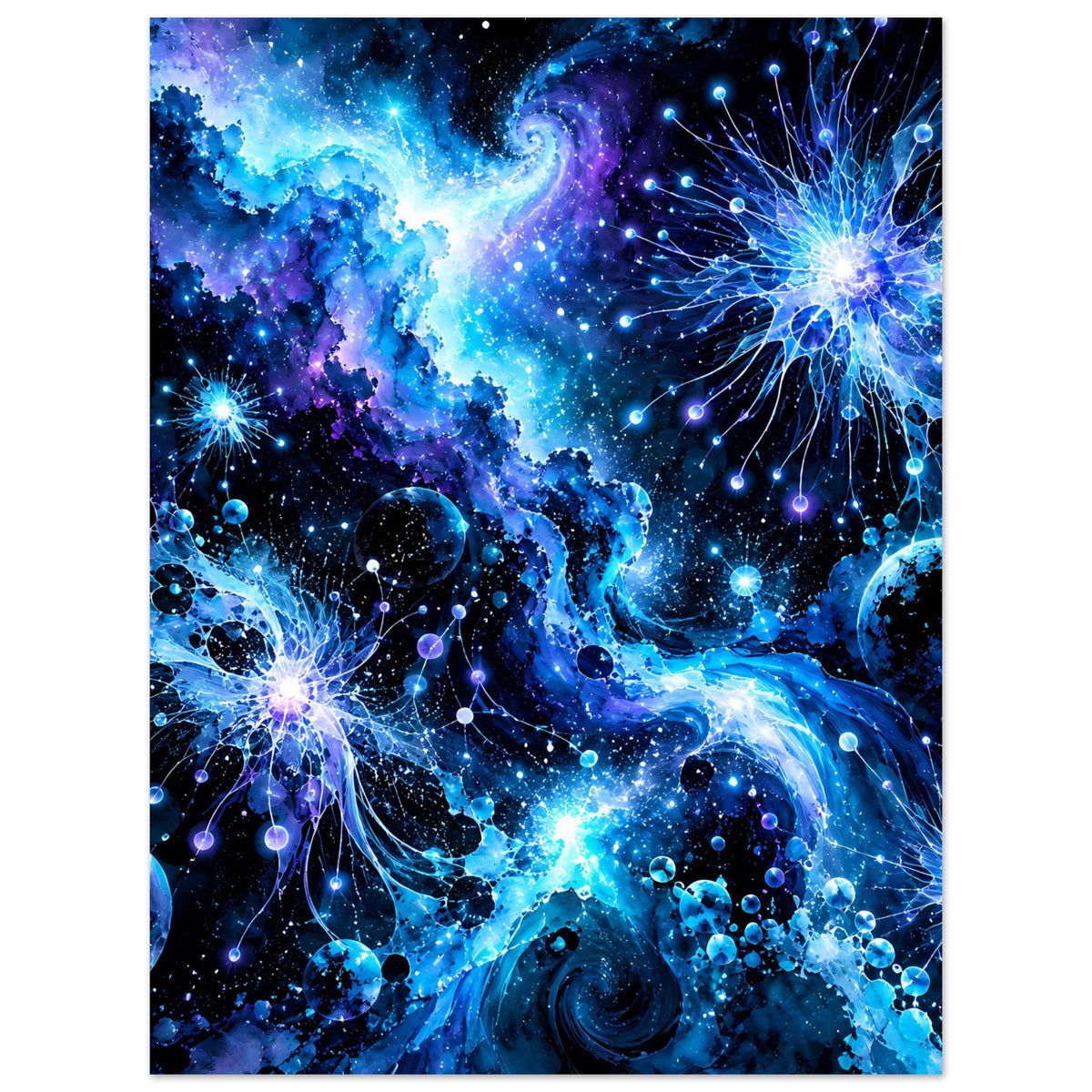 Leuchtendes galaktisches Poster im Hochformat: blaue Nebel, Sterne und Planeten mit Lichtspuren