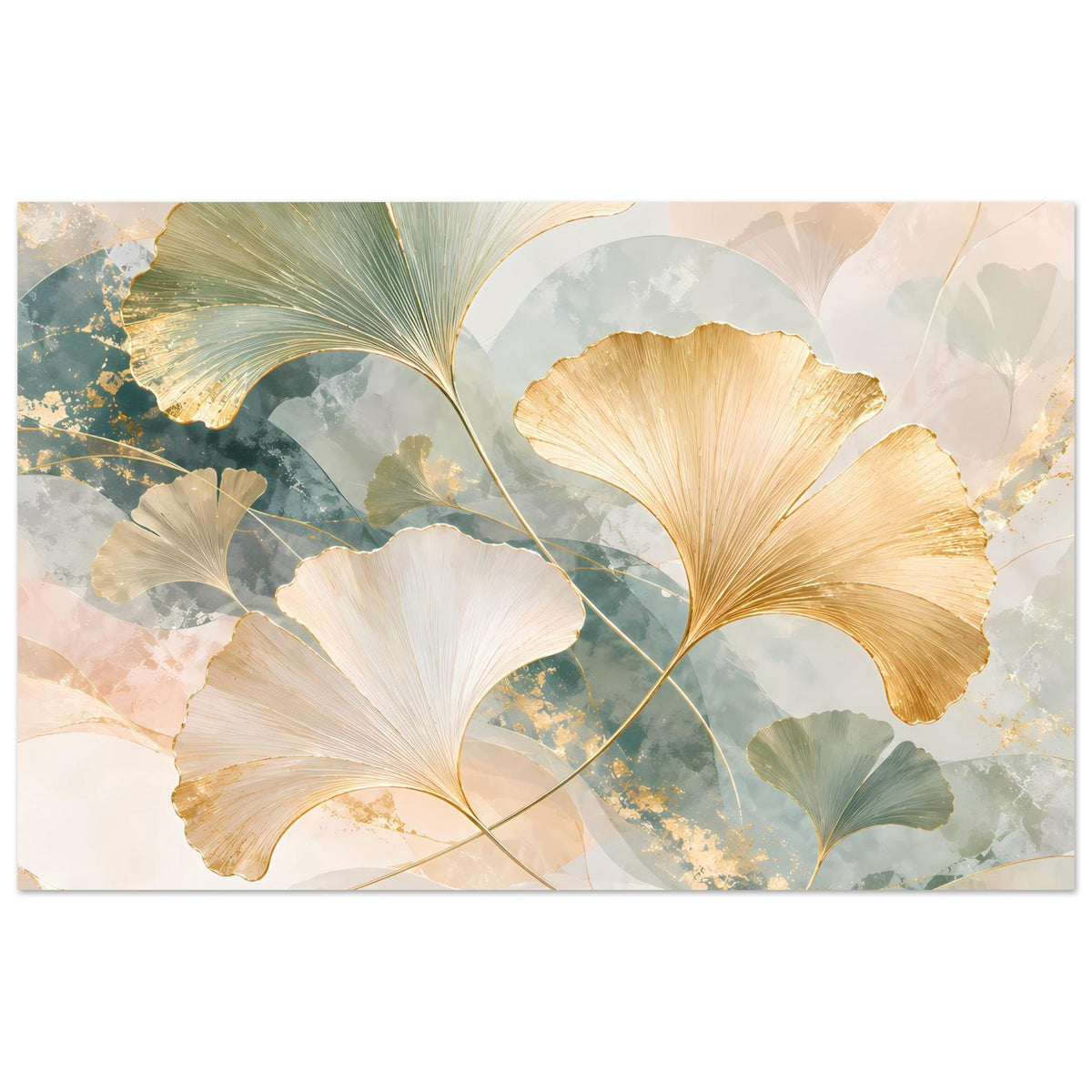 Horizontales Poster mit Ginkgo-Blättern, goldenen Akzenten, abstraktem Blattmotiv in Grün/Blau/Beige