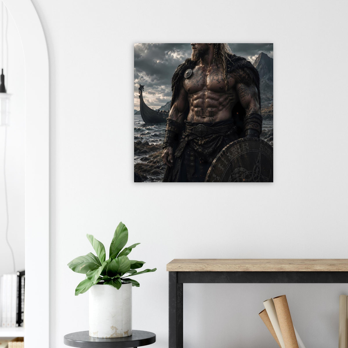 Fantasy-Poster mit nordischem Wikingerkrieger, muskulösem Oberkörper und Schild im Arm