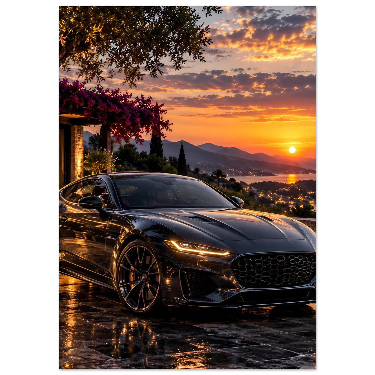 Poster im Hochformat mit schwarzem Sportwagen am Sonnenuntergang, schräg vorn