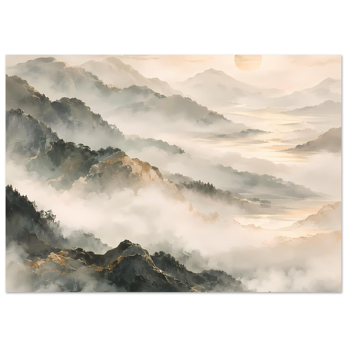 Horizontales Poster mit weiten nebligen Bergen in sanften Beige- und Goldtönen