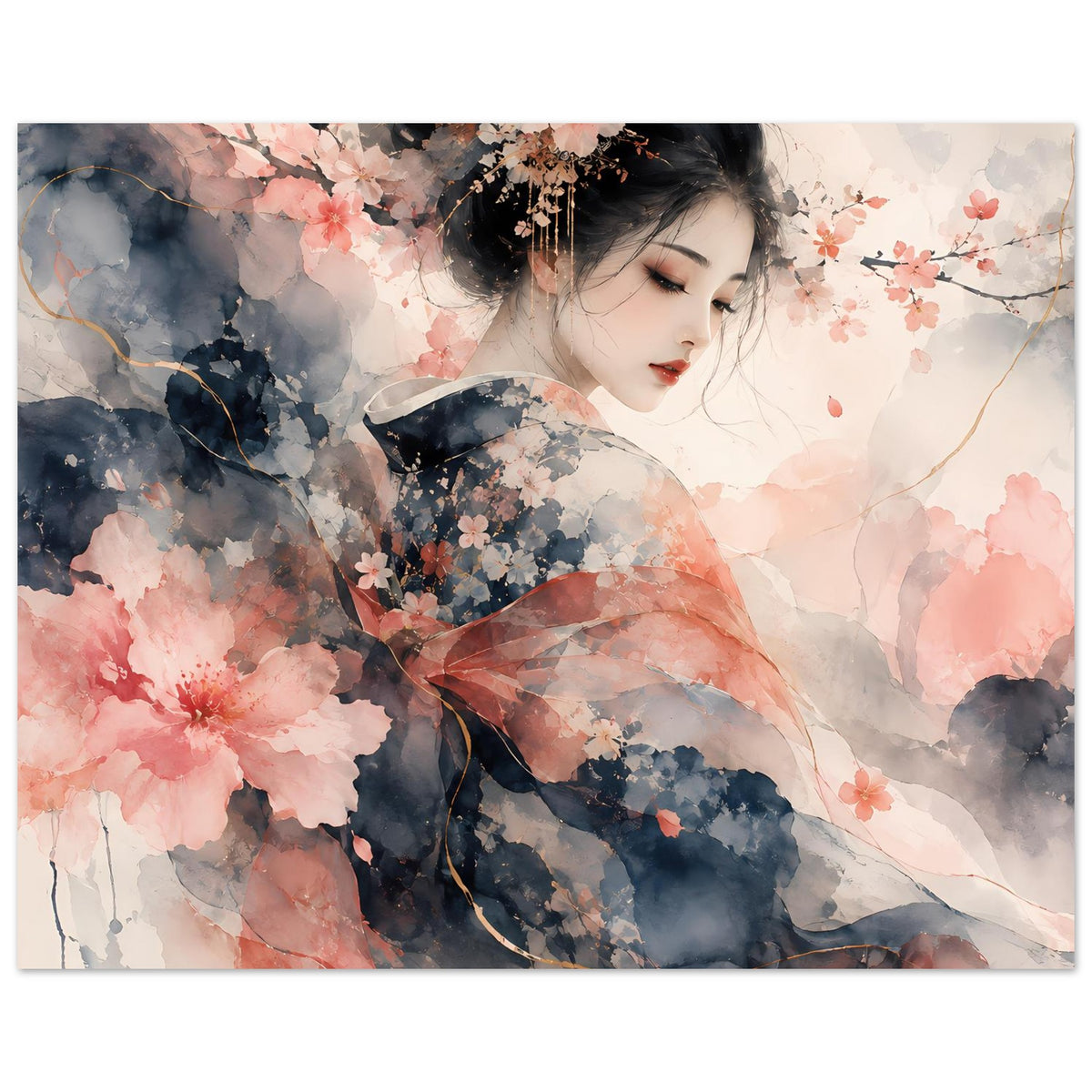 Poster-Motiv: schwarze Haare mit Blütenornament, Gesicht der Frau, Aquarell in Rosa und Blau