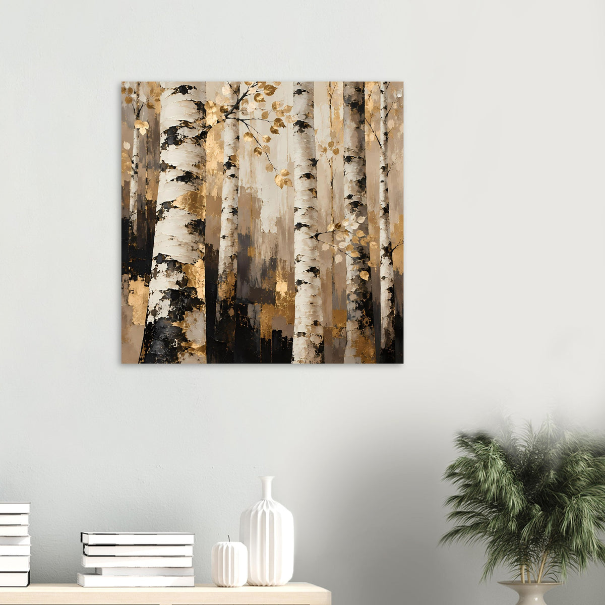 Wandposter Birkenstämme und goldene Blätter, warmes Beige, Braun, Grau und Schwarz