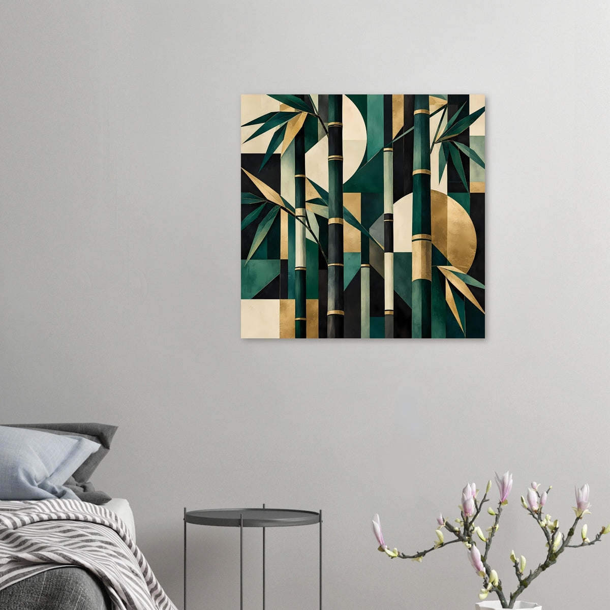 Kleines Naturposter im Querformat mit Bambus- und Blattmotiv in Smaragdgrün und Gold