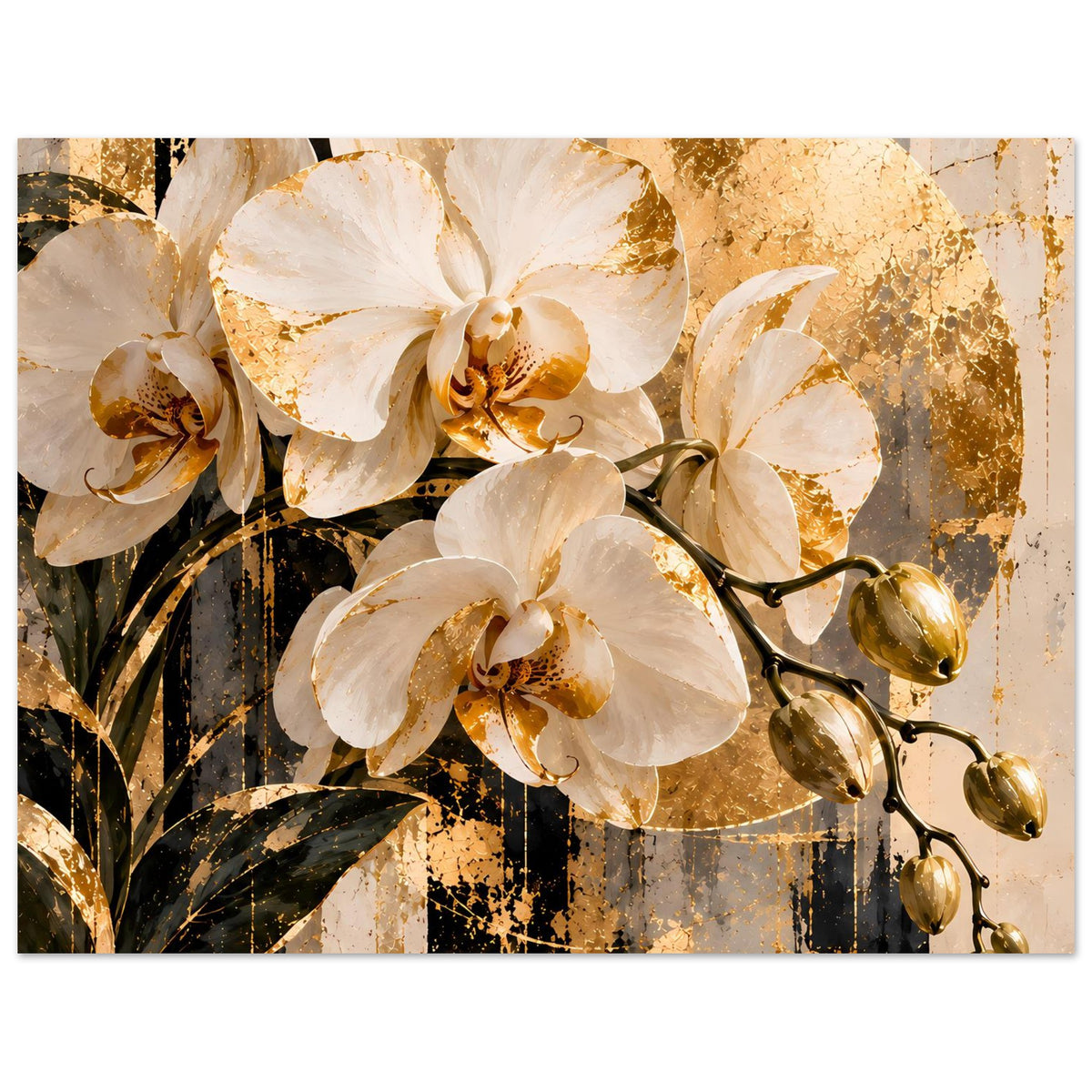 Orchideen-Wandbild mit goldenen Akzenten, weiße matte Oberfläche, horizontal