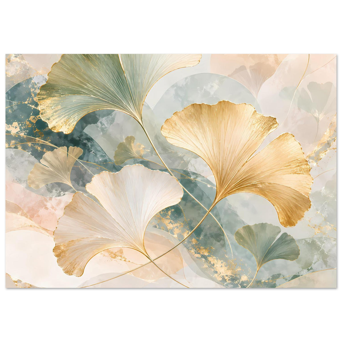 Querformatiges Poster mit Ginkgo-Blättern in Pastellgrün, Apricot und goldenen Linien
