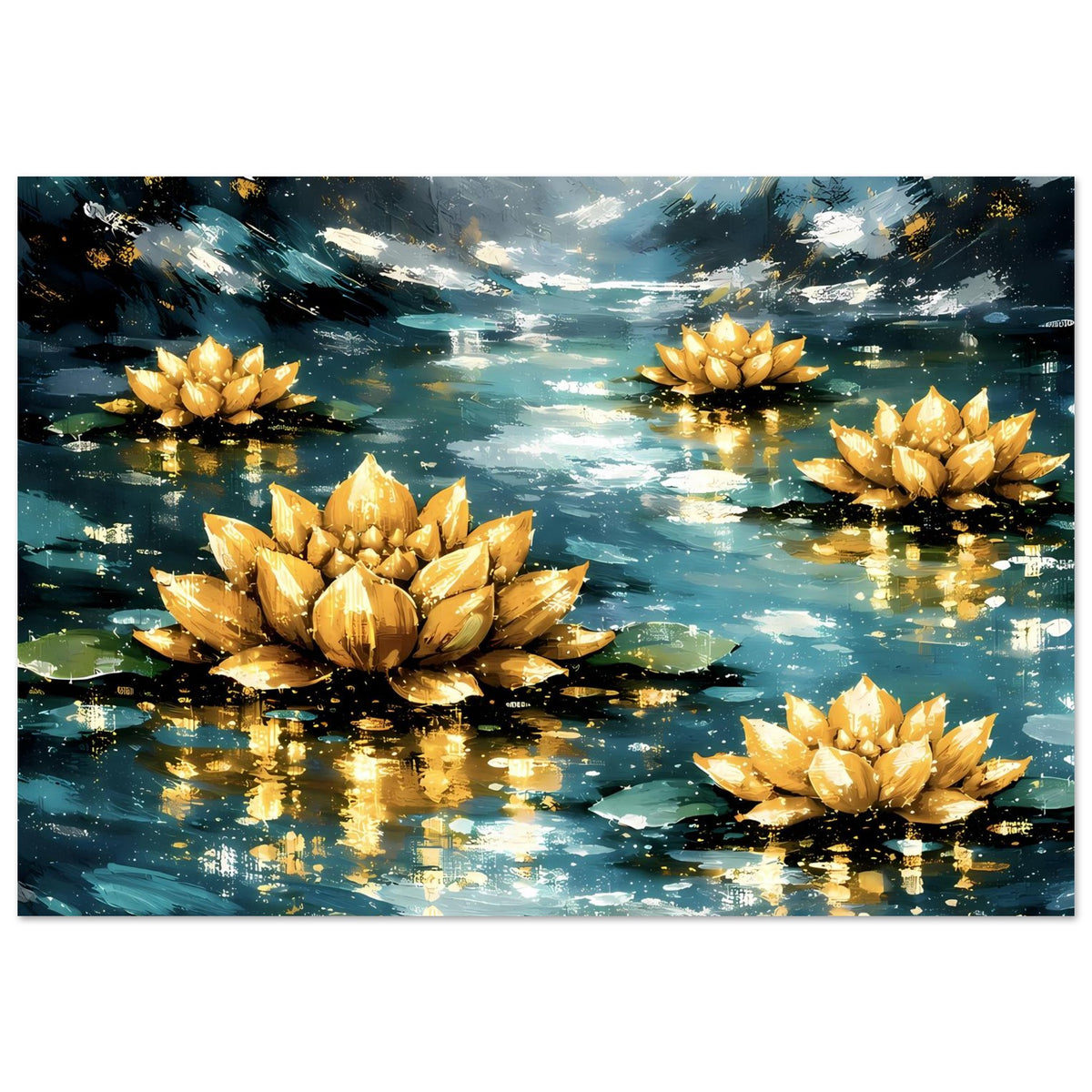 Horizontales Poster mit goldenen Lotusblüten auf spiegelndem Wasser und hellem Himmel über der Szene
