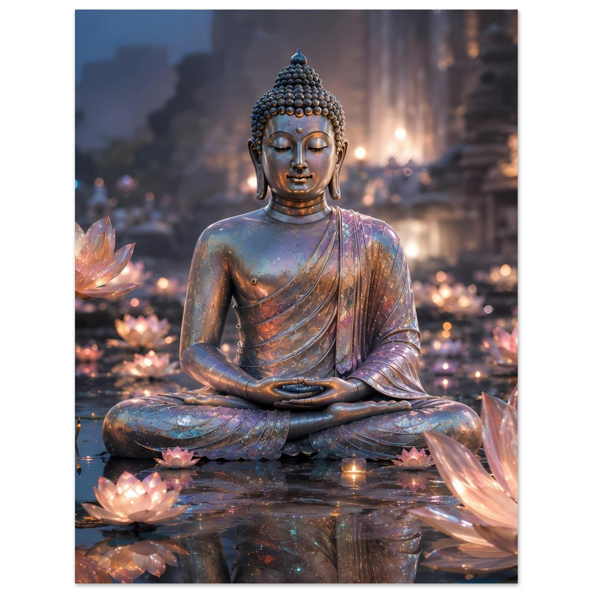 Vertikales Meditationsposter mit sitzendem Buddha und leuchtenden Lotusblüten am Boden