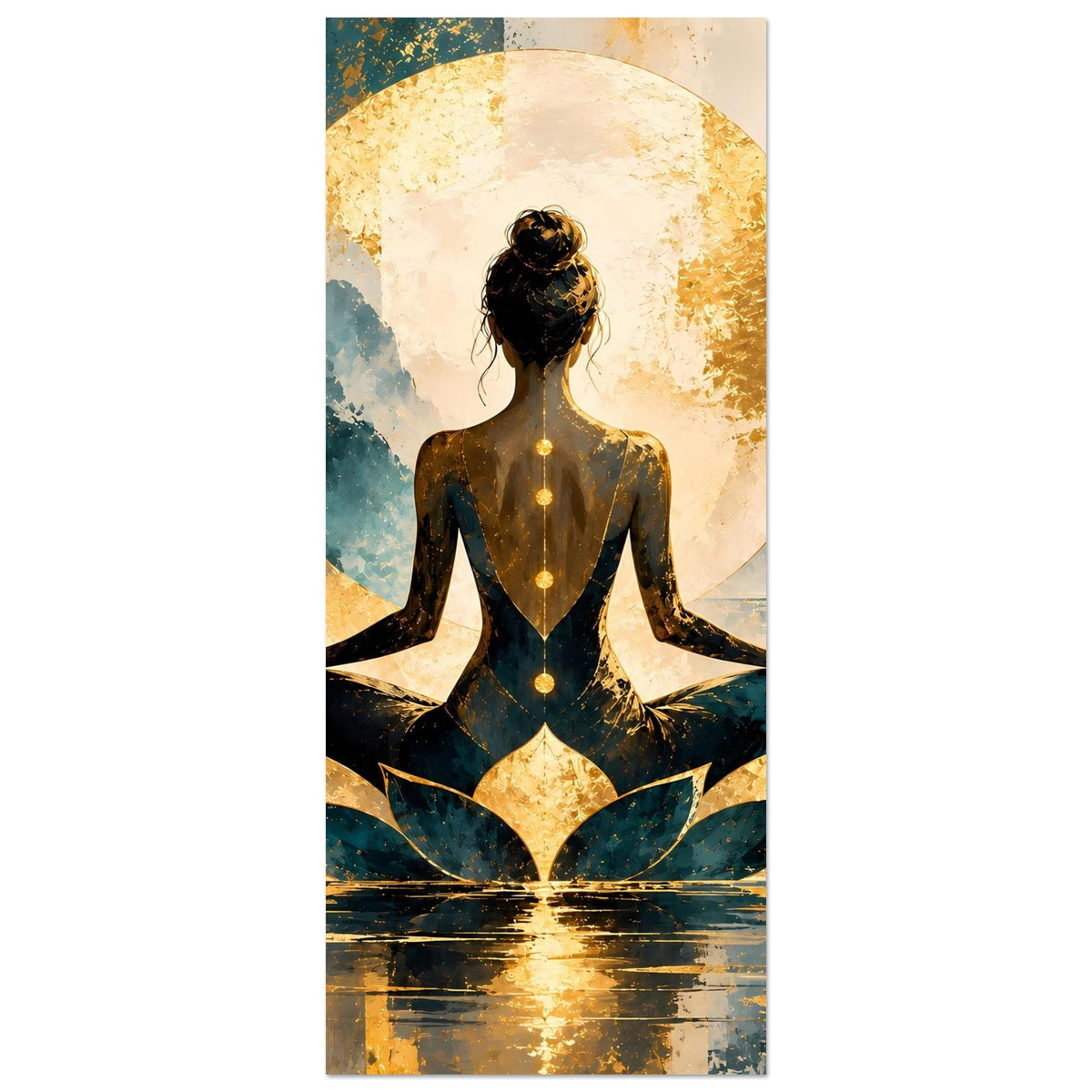 Vertikales Poster, Ausschnitt: Lotusfrau in Meditation mit goldenem Kreis und Lotusblüte