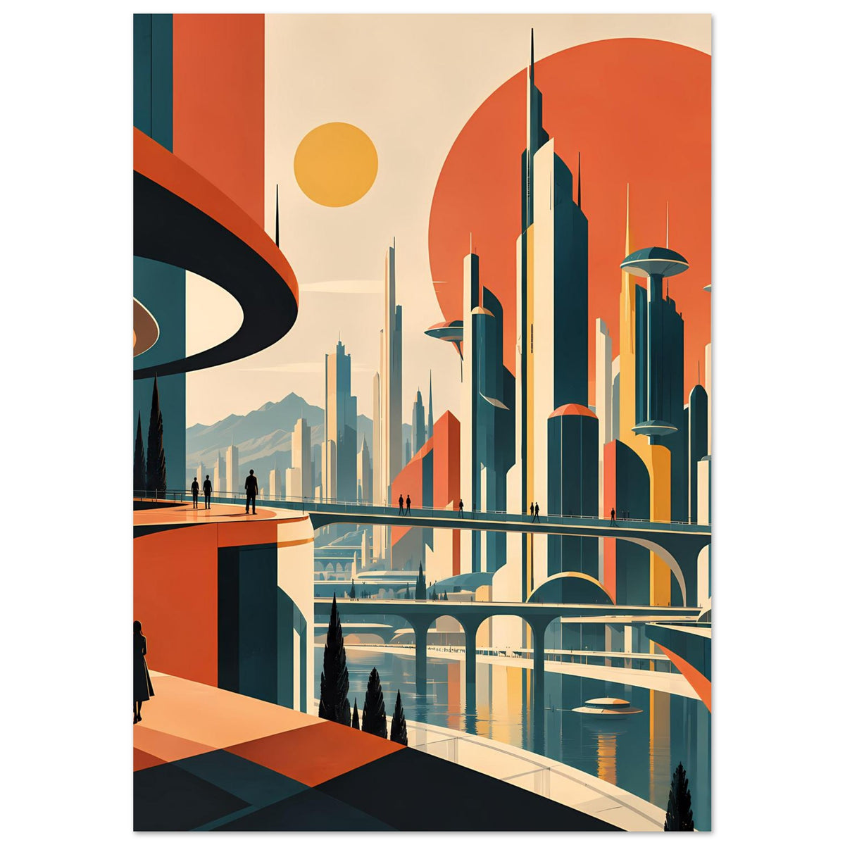 Wandposter mit Retro-Futurismus: Skyline, auffällige Türme und belebte Aussichtspromenade