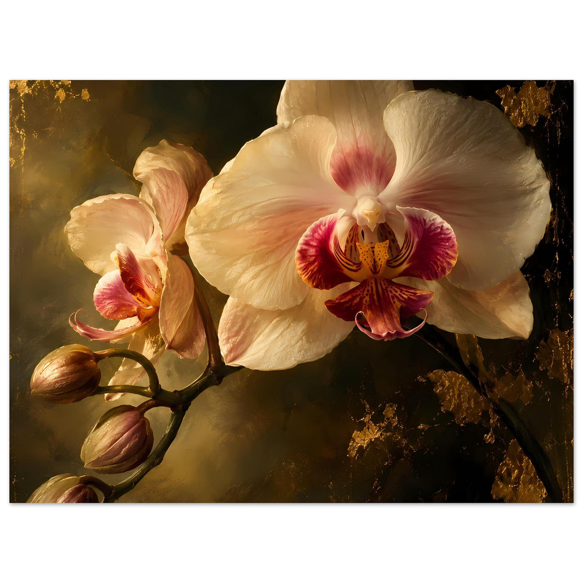 Orchideenposter Ausschnitt: cremeweiße Blüte groß, rosafarbenes Zentrum, Knospen links sichtbar