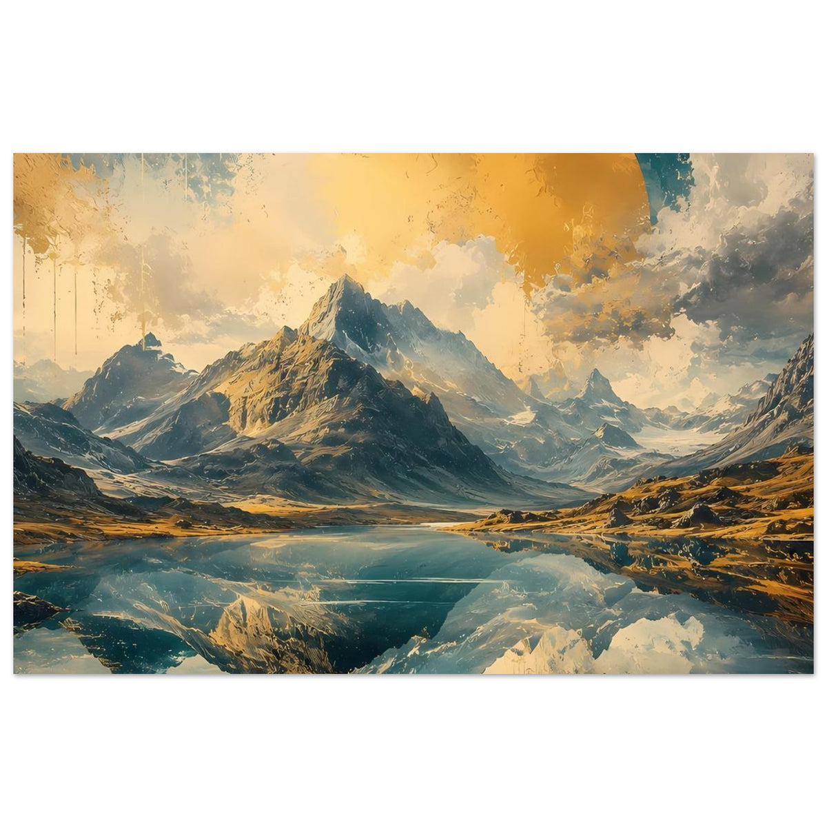 Poster mit Berglandschaft und Spiegelung im Tal, Blau- und Gelbtöne, Querformat