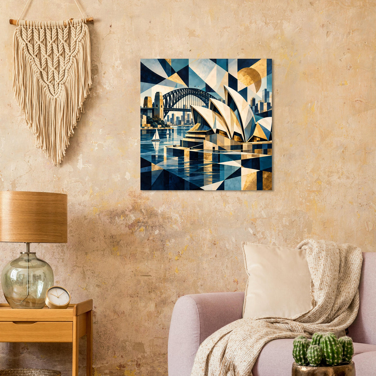 Quadratisches Wandposter mit abstraktem Hafen- und Brückenbild in Blau, Gold und Beige