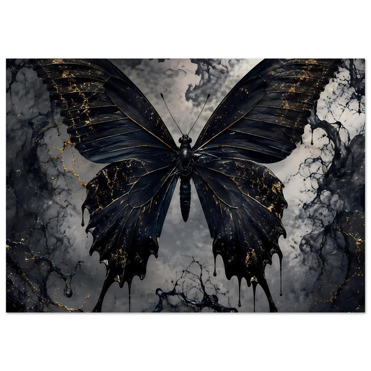 Schmetterlingsposter mit schwarzem Schmetterling, goldenen Adern und ausgebreiteten Flügeln