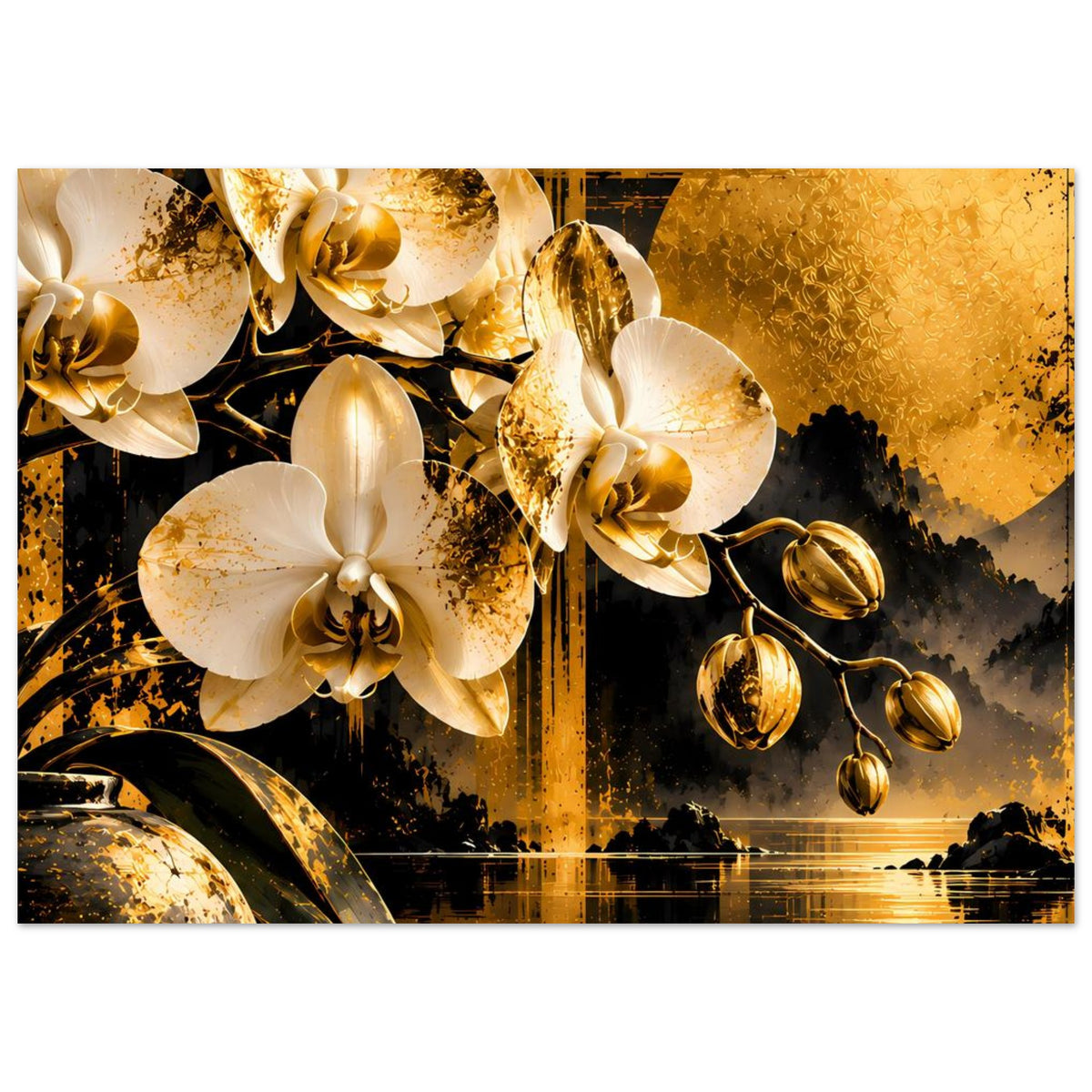 Poster mit weißen Orchideenblüten, goldenen Akzenten und dunklem Stadt-/Wasserbild unten