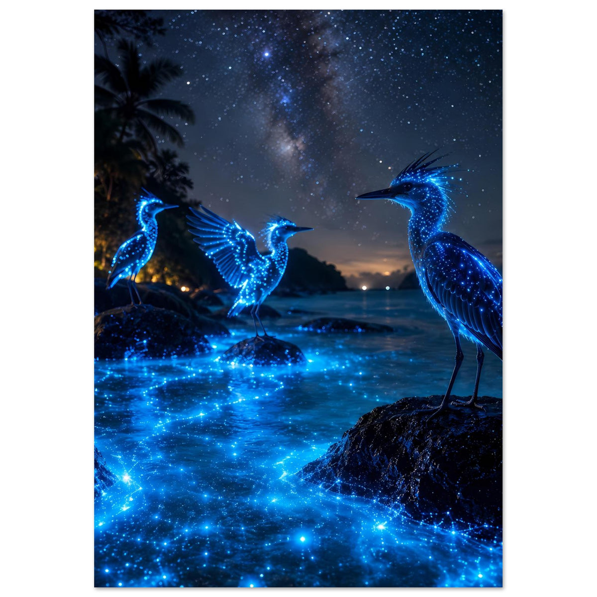 Poster im Hochformat mit drei blau leuchtenden Nachtvögeln auf Felsen und Sternen-Glanz im Wasser
