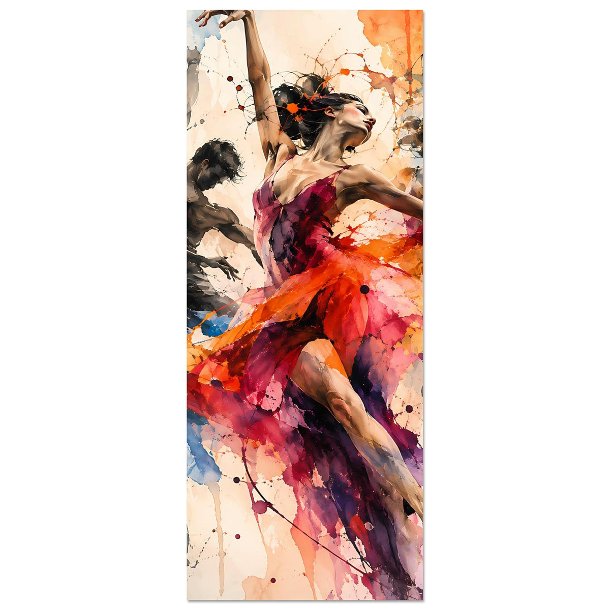 Tanzkunst-Poster im Hochformat mit Tänzerin im Regenbogenkleid und bunten Spritzern