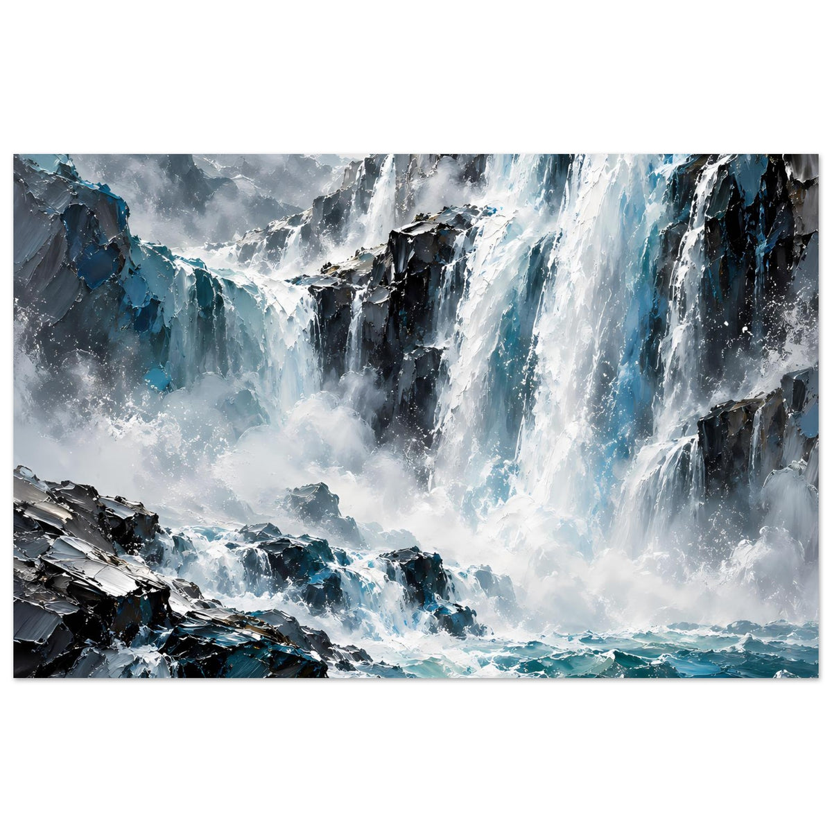 Wasserfall-Poster im Querformat mit Blick auf Wasserfälle, Felsküste und türkisfarbenes Meer